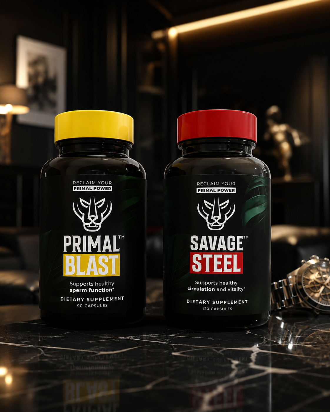Primal Blast and Savage Steel bottles on black marble in a luxury interior